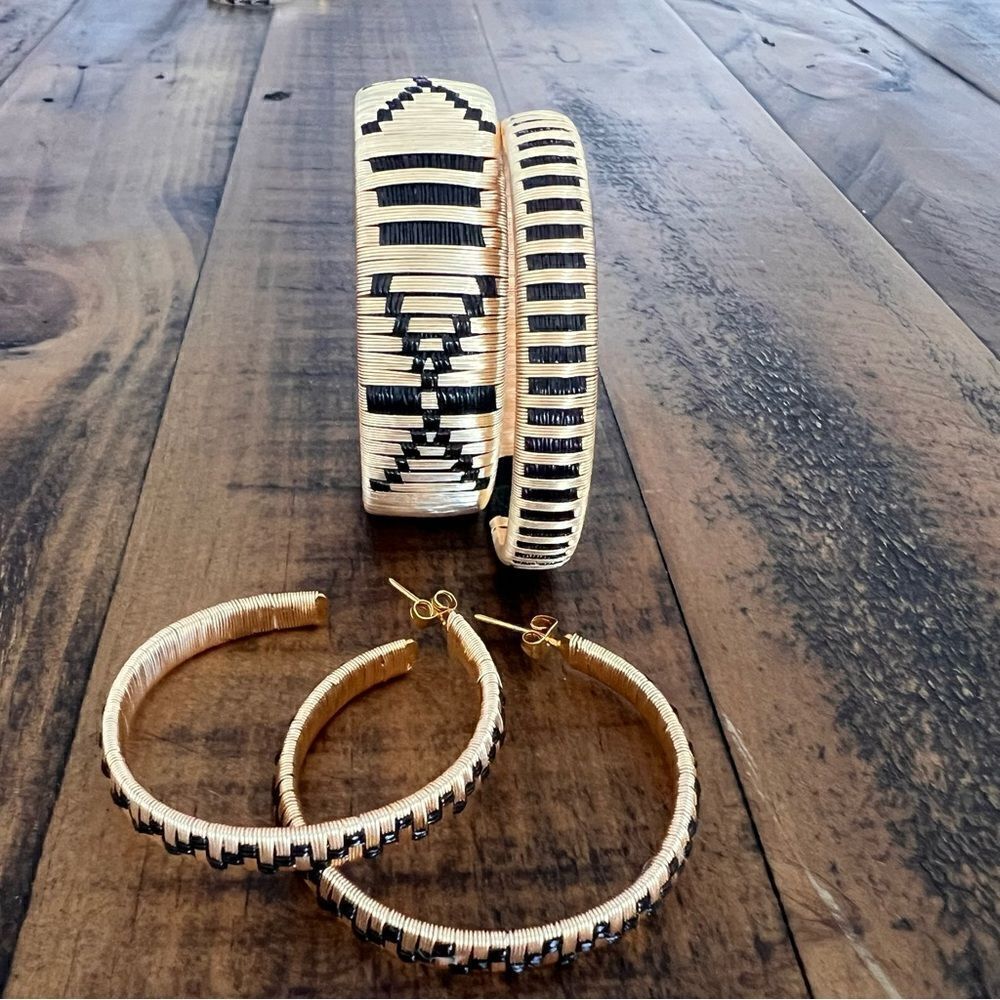 HANDCRAFTED Two Bracelet Set Pair Of Earrings Gold Plate Cord Warregue Material